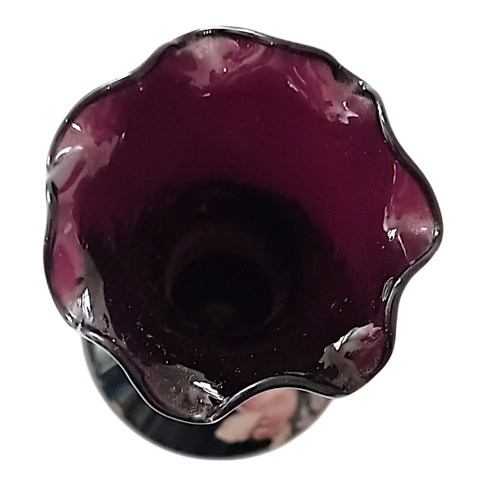 Vintage Black Amethyst Glass Bud Vase Floral Ruffled Fluted Top Edge‎ Victorian